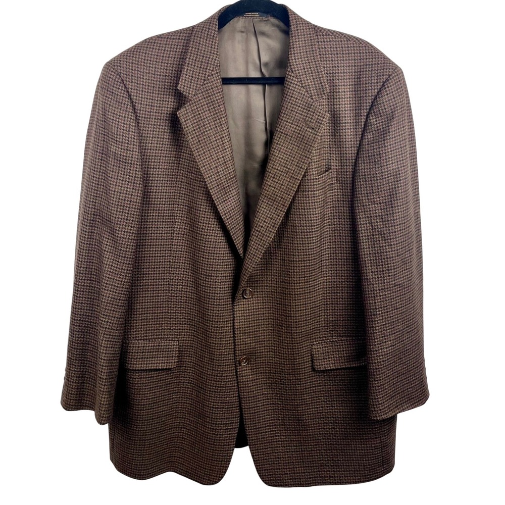 Vintage Hart Schaffner Marx Oak Hall Blazer Mens 44R Brown Houndstooth Wool USA